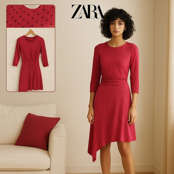 ZARA Pink Polka Dot Asymmetrical Hem Dress Vintage Inspired Retro Femcore XS/S - Picture 1 of 16